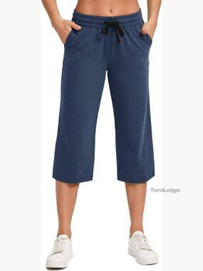 Cotton Capri Yoga Pants with Pockets, Wide Leg Sweatpants, Soft Lounge Pajama